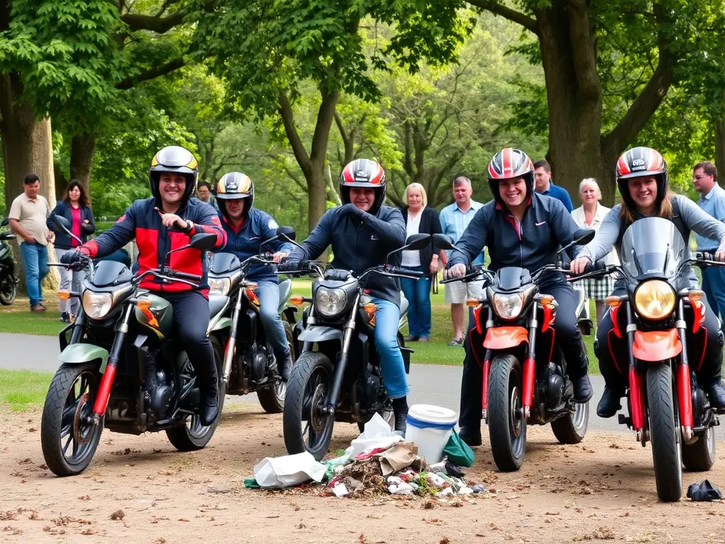 A group of motorcyclists participating in a community clean-up event, smiling and engaging with local residents. The scene captures the spirit of community involvement and environmental responsibility.