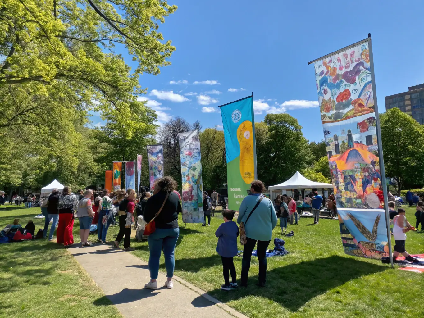 A vibrant scene from a community event organized by the motorcycle federation, featuring families, motorcyclists, and local residents enjoying various activities and promoting social cohesion.